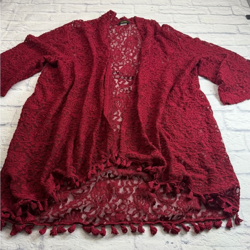Espresso Burgundy Lace Cardigan with Fringe. Size 2X. Festival. Boho.